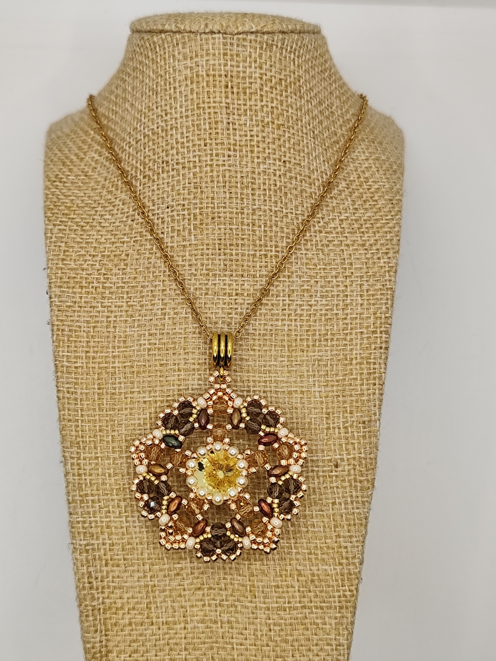 Gold-Tone Floral Beaded Pendant Necklace in Brown and Yellow